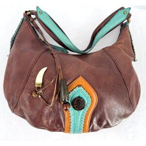 VTG Y2K BCBG Girls Cognac Tan Leather Hobo Shoulder Boho Bag Handbag Tassels